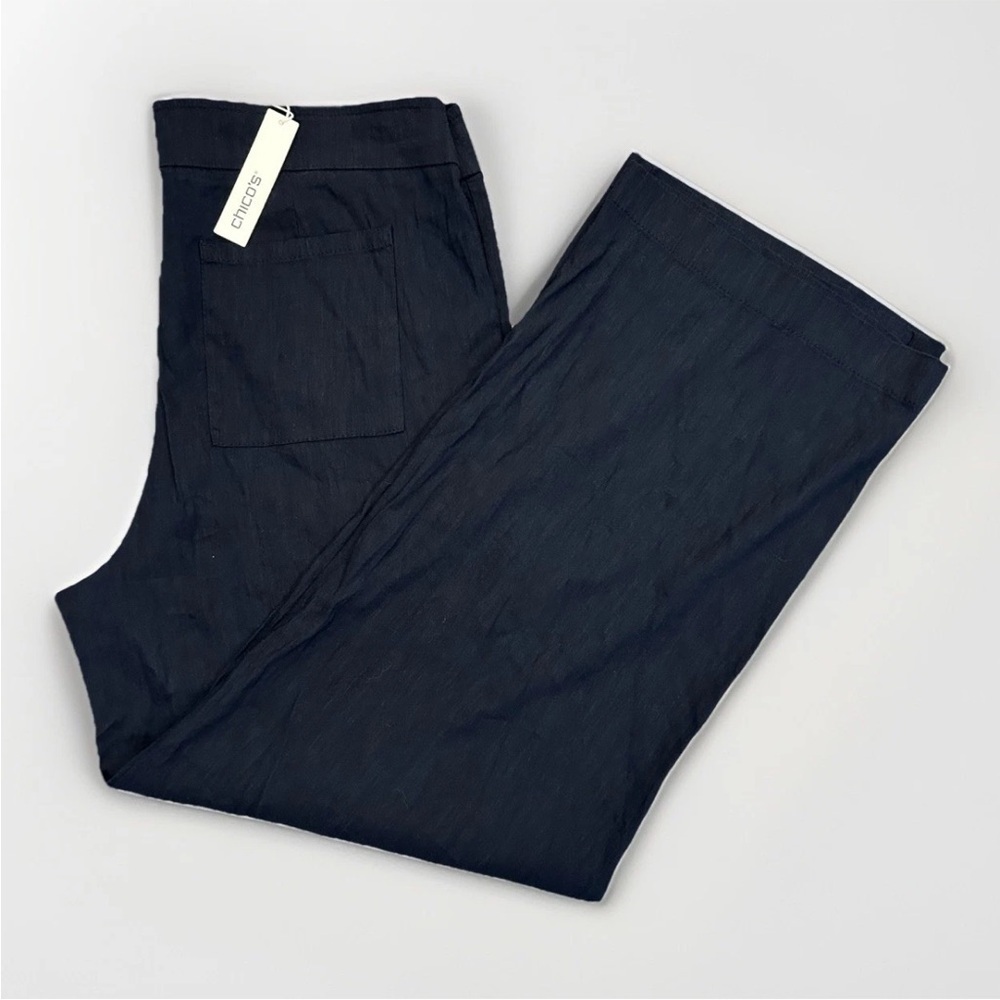 Chico's Women's Linen Wide Leg Pants Size 16 R Navy Pull On Stretch NWT $99